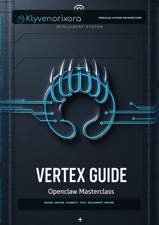 A digital cover-style graphic for a product titled "VERTEX GUIDE" with the subtitle "Openclaw Masterclass." The design shows a dark futuristic background with circuit-like lines forming a claw or eye motif in bright cyan, plus the visible brand text "Klyvenorixora" at the top.