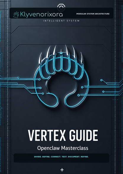 A digital cover-style graphic for a product titled "VERTEX GUIDE" with the subtitle "Openclaw Masterclass." The design shows a dark futuristic background with circuit-like lines forming a claw or eye motif in bright cyan, plus the visible brand text "Klyvenorixora" at the top.